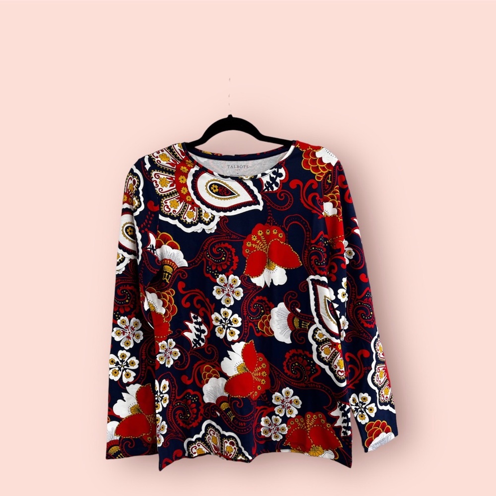 TALBOTS Cotton Long Sleeve Tee/ India Ink Multi